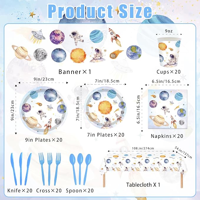 142PCS Space Themed Paper Plates Party Supplies Decorations, Birthday Paper Plates First Trip Around The Sun Astronaut Planet Cake Plate Tableware Dinner Set for Boys Girls Birthday Shower Forks