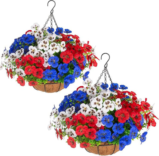 lovemoon 2 Sets Artificial Hanging Pansies Flowers with Baskets, 24 Pcs Faux Patriotic Silk Pansy Outdoor Flower for Porch Patio Garden Home Summer 4th of July Decor (Y/P/W) (2, RedWhiteBlue)