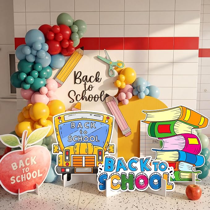 Honoson 4 Pcs Large 32" Back to School Cardboard Cutouts Standup, First Day of School Party Decorations Backdrop Bus Notebook Yard Sign Photo Booth Props for Classroom Party Supplies