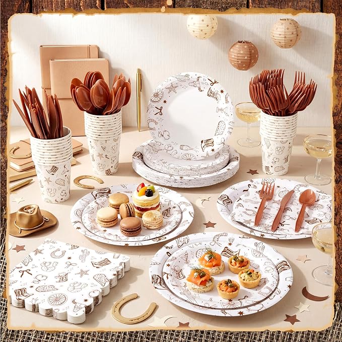 Honeydak 210 Pcs Western Cowboy Party Supplies for 30 Guests Single Western Cowgirl Birthday Plates Napkins Cup and Forks Tableware for First Rodeo Birthday Decorations