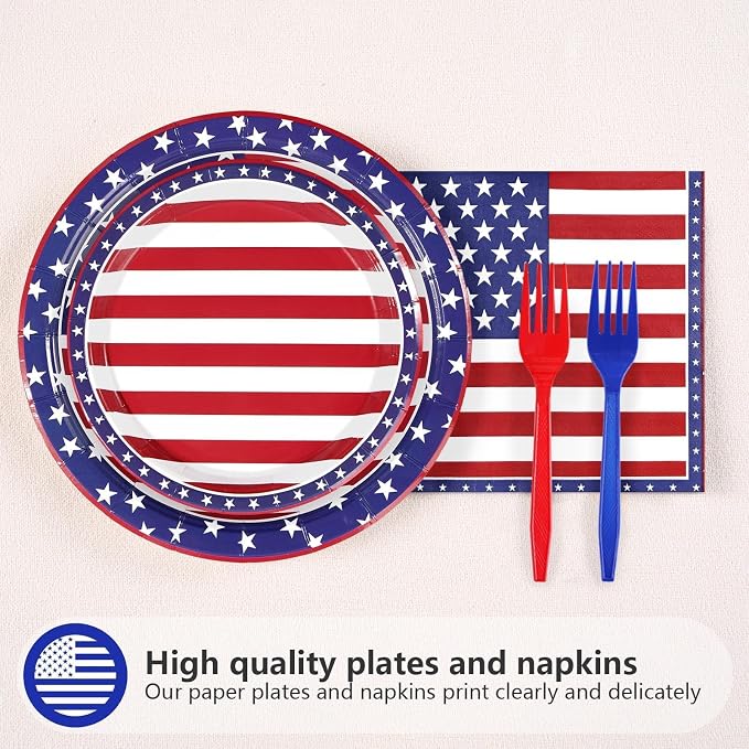 96Pcs 4th of July Patriotic Party Supplies Patriotic Paper Plates and Napkins US American Flag Disposable Tableware for 4th of July 250th Anniversary Memorial Day Party Decorations Serve 24