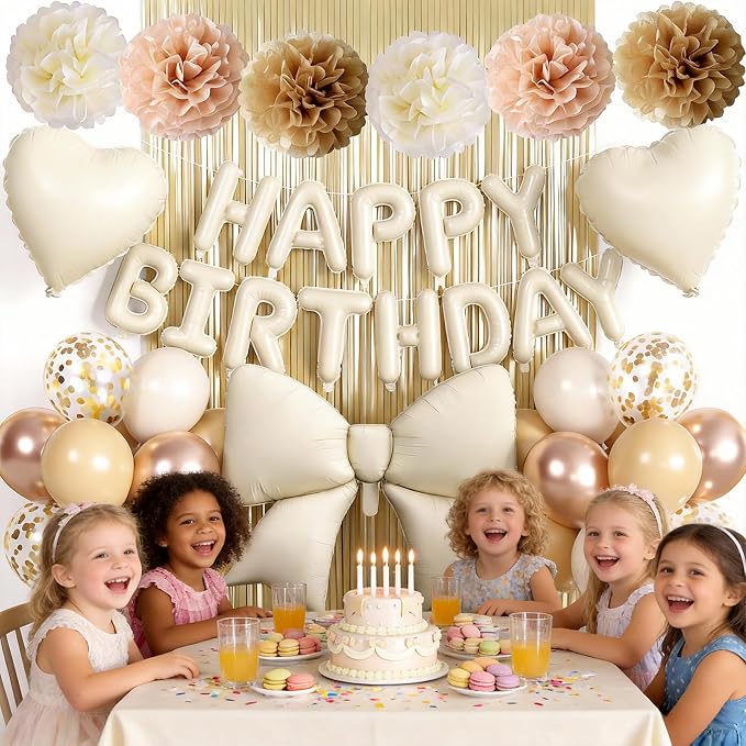 White Sand and Gold Birthday Decorations for Women Girls, Happy Birthday Balloon Banner with Bow and Heart Foil Balloons Fringe Curtain Tissue Paper Pompoms Garland Party Supplies
