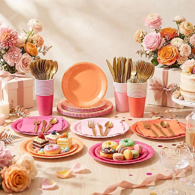 Zhehao 350 Pcs Pink and Orange Plates and Napkins Hot Pink Orange Party Disposable Tableware Kit with Plates, Cups, Napkins, Cutlery for Sunset Neon Baby Shower, Birthday, Wedding Party Supplies