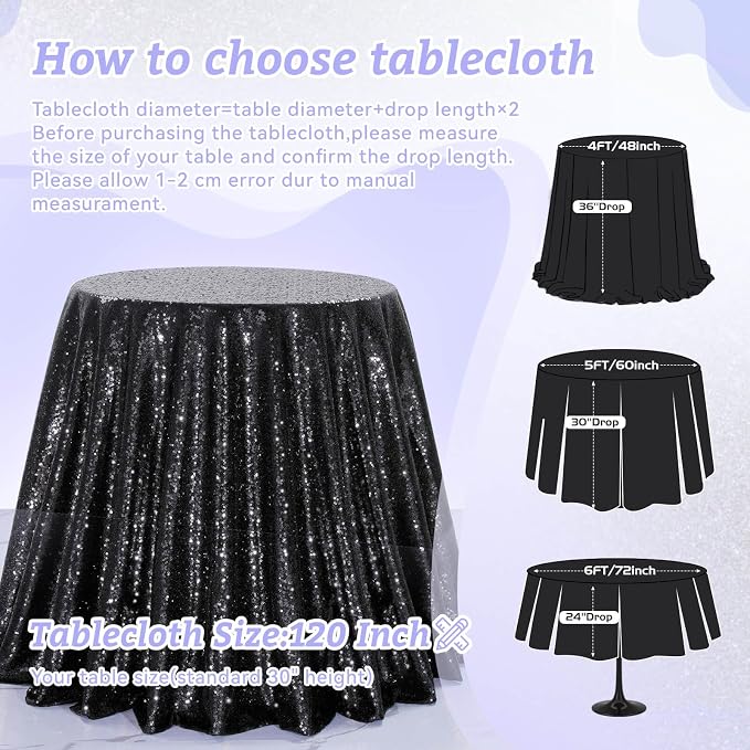 B-COOL Black Sequin Tablecloth Parties Decor: Round Sequin Overlay Shimmer Fabric for Halloween Table Setting Buffet Graduation Party 120 Inch