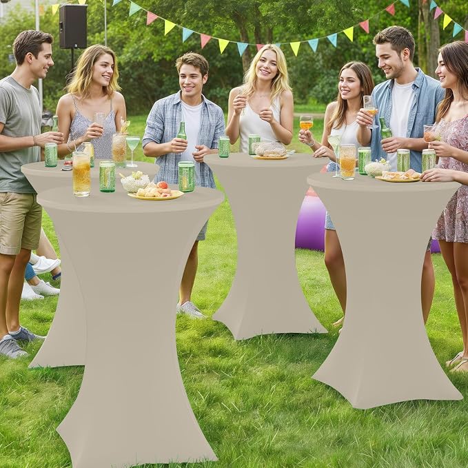 Moosfor Spandex Cocktail Table Covers 4 Pack, Elastic Fitted Stretch Table Cloth, Round High Top Tablecloths for Bar, Party, Pub, Wedding & Banquet (Taupe, 32x43 Inch)
