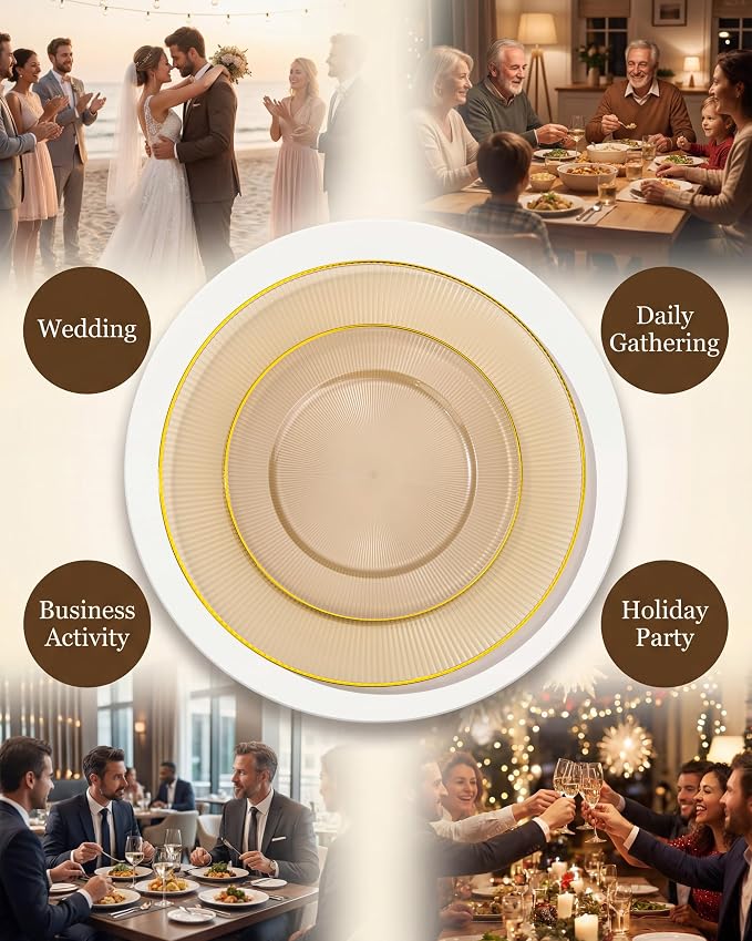 Hioasis 60pcs Brown and Gold Plastic Plates - Brown Disposable Dinnerware Set, 30pcs Dinner 10in & 30pcs Dessert 7in Plates with Striped Designs for Party & Wedding