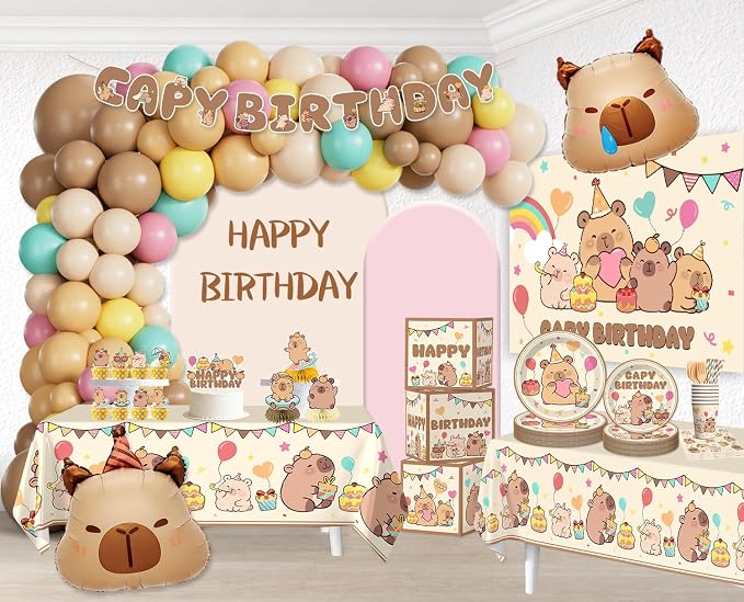 287 Pcs Capybara Birthday Decorations, Worry-Free One-Stop Set Serves 25 Guests, with Capybara Balloons Arch Kit, Backdrop, Thick Plates, and Cake Toppers, Easy Setup for Capybara Party Decorations