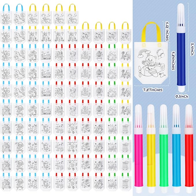 Chunful 60 Pieces Coloring Goodie Gift Bags for Kids Birthday Party Reusable Coloring Tote Bags Cute Cartoon Colorful Party Favor Non Woven with Colorful Pens DIY Crafts (Lovely with Maker)
