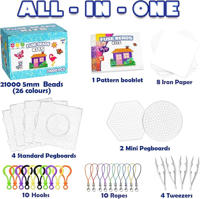 FUNZBO 21000 5mm Fuse Beads Kit - 26 Colors Individual Pack, Homeschool Arts and Crafts Supplies for Kids, Toys Set, Art Decorations for Room, Toys Gifts for Girls and Boys Age 5+