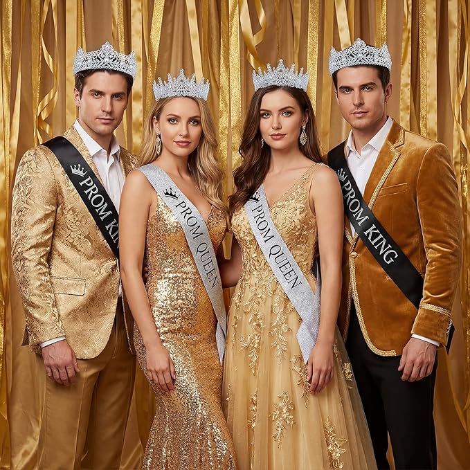 Retrowavy 4 Pcs Prom King and Queen Crown Set with Sashes Prom King Queen Sash and Tiara Set for 2026 Grad Birthday Carnival Wedding Costume Accessories(Silver)