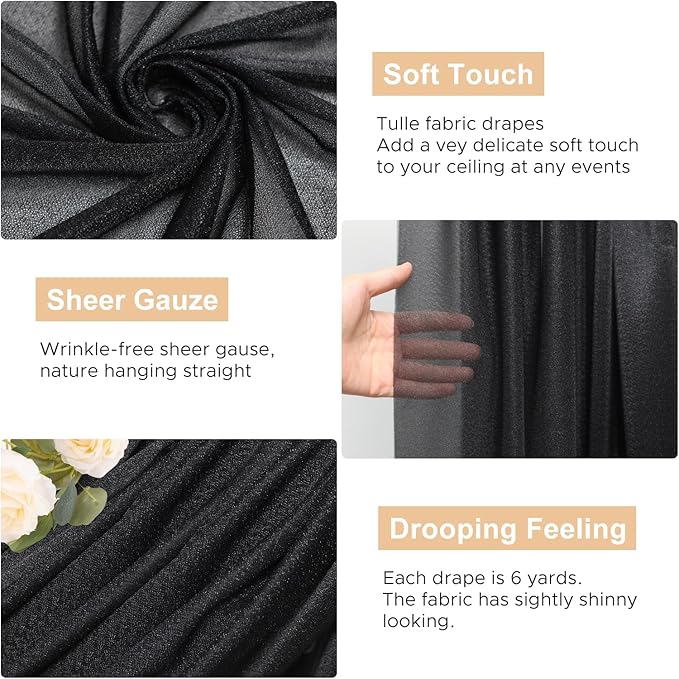 Wokceer Wedding Arch Draping Fabric 28.7" x 20FT Black Sheer Backdrop for Ceremony, Birthday Party, Bridal Shower Decoration
