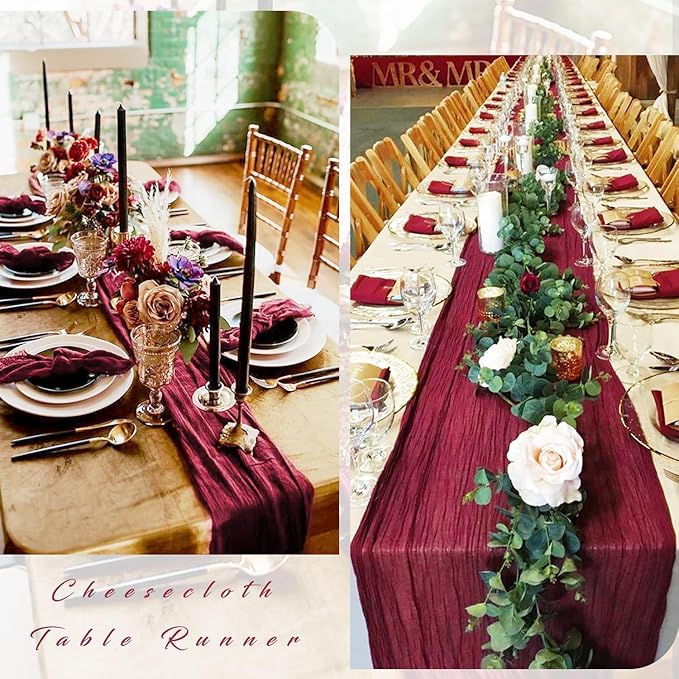 10FT 6 Pcs Burgundy Cheesecloth Table Runner Gauze Fabric Boho Cheese Cloth Table Runner Rustic Semi Sheer Runner for Wedding Holiday Bridal Shower Birthday Party Table Decor (35 x 120 Inches Long)