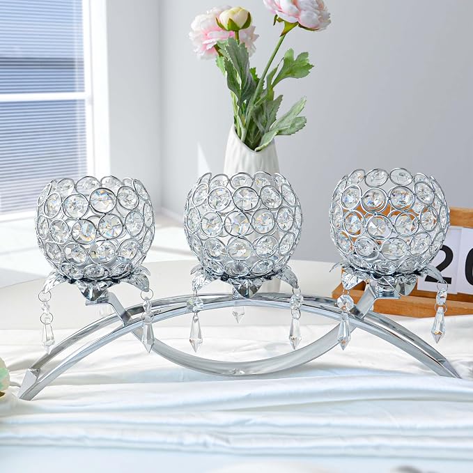 Crystal Tea Light Candlestick Holders Flower Shape with Crystal Pendant Bowl Votive Metal Candle Holder for Table Centerpieces Wedding Home Decor (Silver, 3 arm)