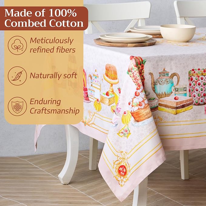 Maison d' Hermine Premium Table Cloth Rectangle Table 100% Combed Cotton 140 x 70 Inches Tablecloth Reusable Decorative for Dining Room, Farmhouse, Home, Party, Festive & Wedding - Pastries