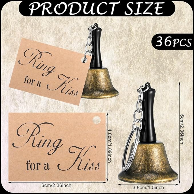 Lounsweer 36 Set Wedding Bells Bulk Ring for a Kiss with Tags Kissing Bells for Wedding Reception Decorations Goodies Bags Party Supplies