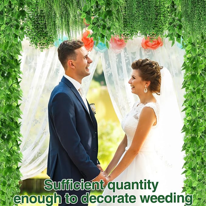 Daifunli 12 Pcs Artificial Hanging Plants Fake Hanging Ferns Plastic Faux Plants for Wall Room Garden Garland Indoor Outdoor Decor No Basket (Boston,Eucalyptus,Ivy Vine,String of Pearls)
