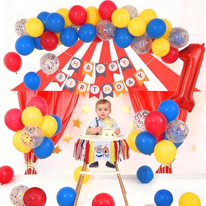 Circus Carnival First 1st Birthday Decorations for Boy Carnival One High Chair Banner with 60PCS Red Yellow Blue Balloons, Cake Topper, Number 1 Balloon, Crown & Banner for One Year Old Boy Party