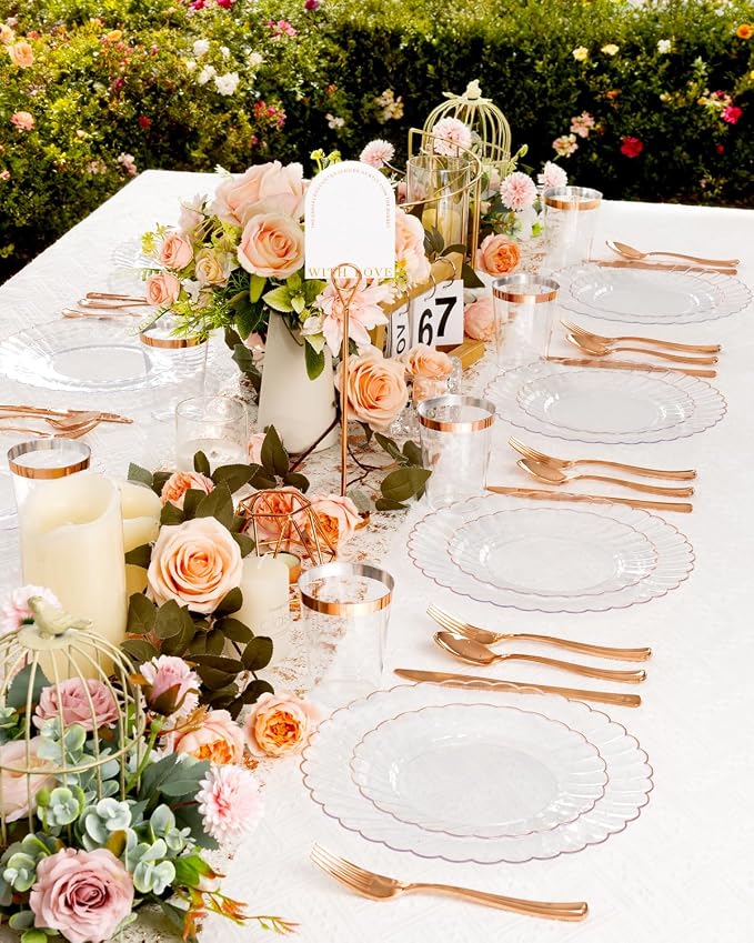 YOUBET 100PCS Rose Gold Plastic Plates - Heavy Duty Scalloped Disposable Plates Include 50 Dinner Plate, 50 Dessert Plate for Wedding & Baby Shower & Party