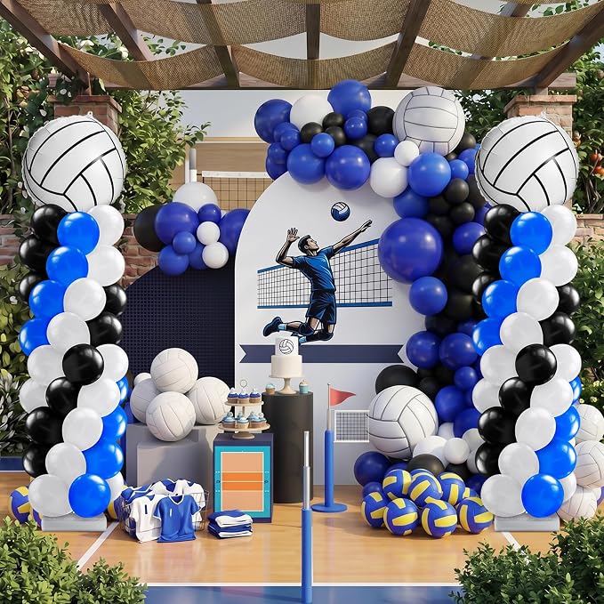 Kasyat 2 Sets Volleyball Balloon Column Stand Kit Blue Black White Volleyball Sports Balloons Adjustable Balloon Arch Stands for Senior Night Decorations Birthday Supplies