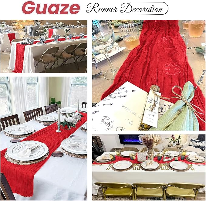 16 Pack Red Cheesecloth Table Runner 20 x 120 inch Gauze Table Runners 10 FT Long,Semi Sheer Boho Cheese Cloth Fabric Table Runner Bulk for Party,Wedding,Baby Shower,Bridal Shower Decoration