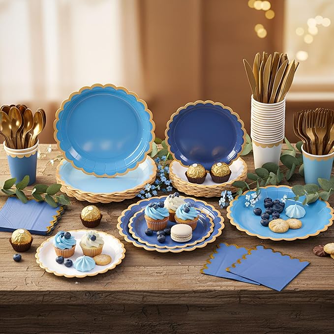 Mimorou 338 Pcs Royal Blue and Gold Party Supplies for 48 Guests, Gradient Blue Scalloped Paper Plates Napkins Cups Gold Cutlery for Ocean Sea Graduation Baby Shower Birthday Wedding Party Decorations
