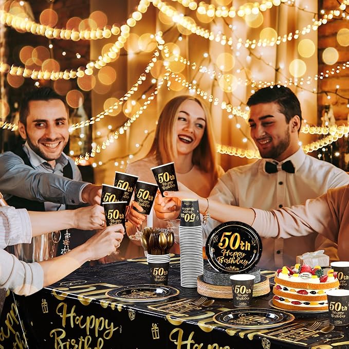 Funnymoom 452 Pcs 50th Birthday Party Decorations Set for Men Women, Black and Gold Happy 50th Birthday Paper Plates Napkins Cups Tablecloth Cutlery Straws for Cheers to 50 Years Anniversary Party
