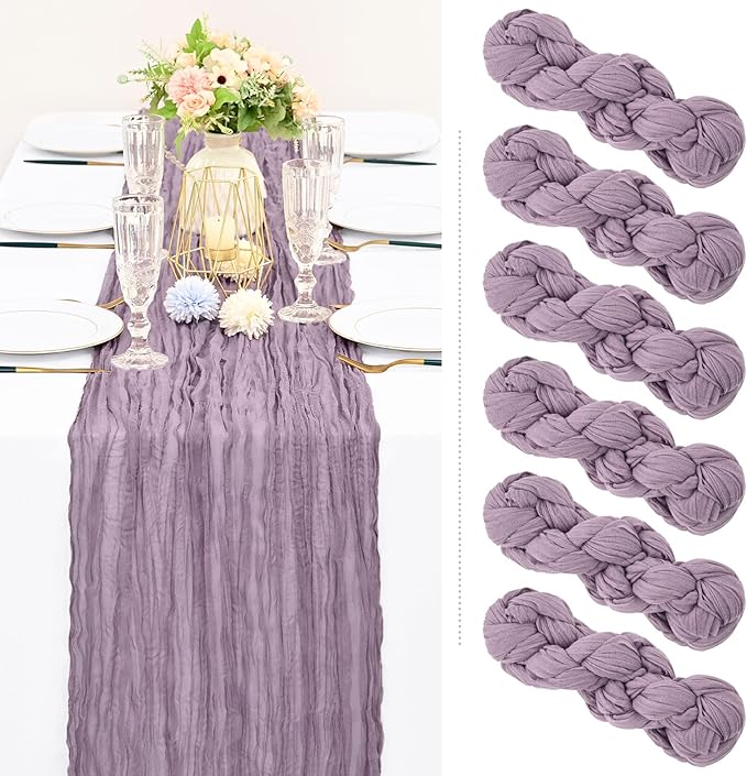 Showgeous 6 Pack Purple Cheesecloth Table Runner, 10FT Long Semi-Sheer Boho or Rustic Gauze Table Runner Wedding Table Decor for Wedding Decor Arch Draping Bridal Shower Holiday Party