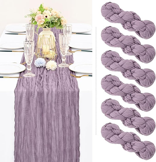 Showgeous 6 Pack Purple Cheesecloth Table Runner, 10FT Long Semi-Sheer Boho or Rustic Gauze Table Runner Wedding Table Decor for Wedding Decor Arch Draping Bridal Shower Holiday Party