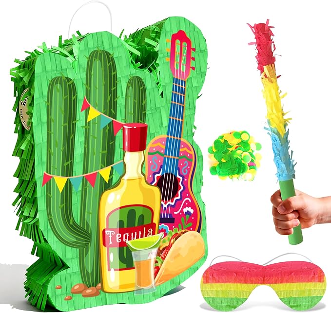 Mexican Cactus Piñata, 4pcs Mexican Pinata Set Includes Cinco De Mayo Cactus Pinata Blindfold Mexican Piñata Stick etc Mexican Fiesta Decorations Mexican Party Decorations