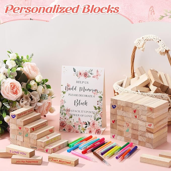 Nuanchu 125 Pcs Wedding Guest Book Alternative 100 Wooden Block Guest Book 24 Signing Pens Wedding Game Sign Wedding Decorations for Reception Bridal Shower Guest Book for Sign in (Flower)