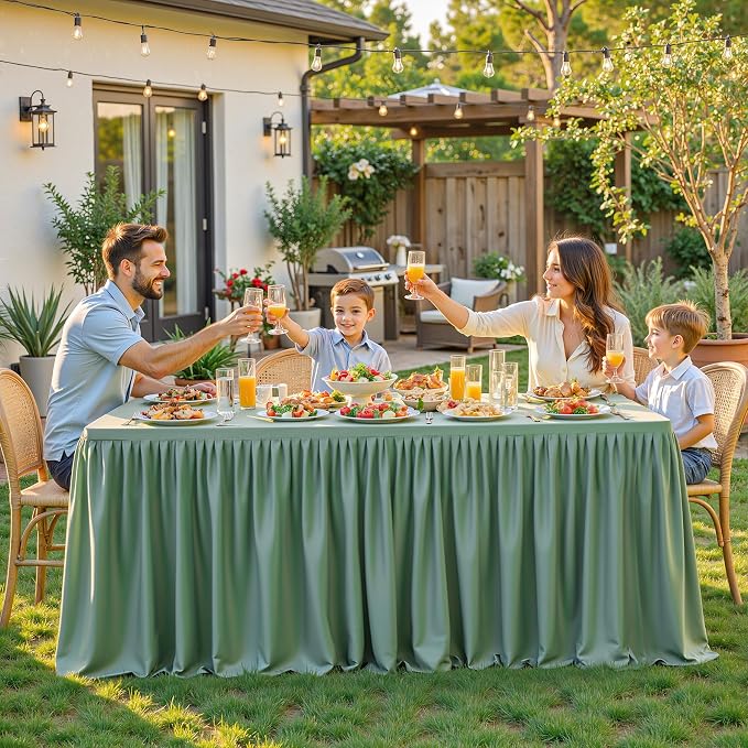 2 Packs Sage Green Tableclothes for 4 Foot Rectangle Tables, Wrinkle Free Fitted Table Cloth 4ft Stretch Table Cover with Skirt for Parties Weddings Birthday Banquet Baby Shower