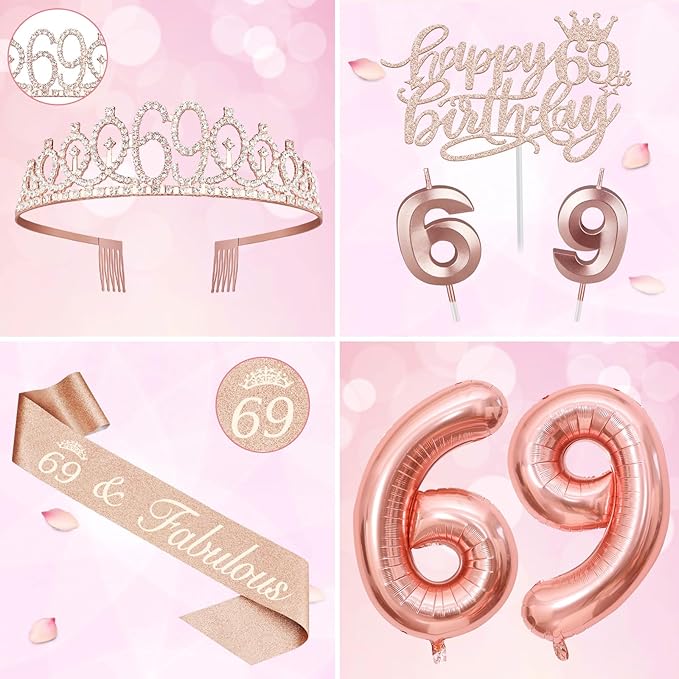 69th Birthday Decorations for Women, Including 69th Birthday Sash and Tiara, Cake Topper and Candles, Number Balloons, 69 Year Old Gifts for Women