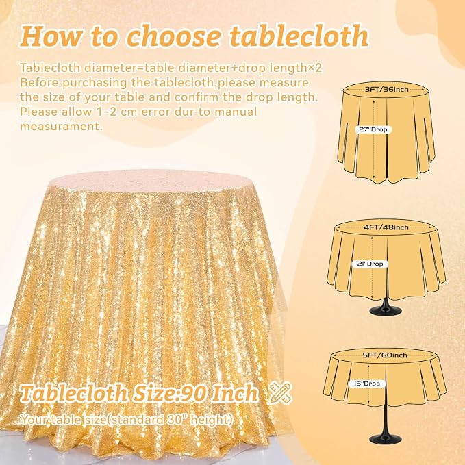 B-COOL Gold Sequin Tablecloth Party Decorations: 90 Inch Round Table Cloth Sequins Fabric Overlay for Indoor Outdoor Dining Parties