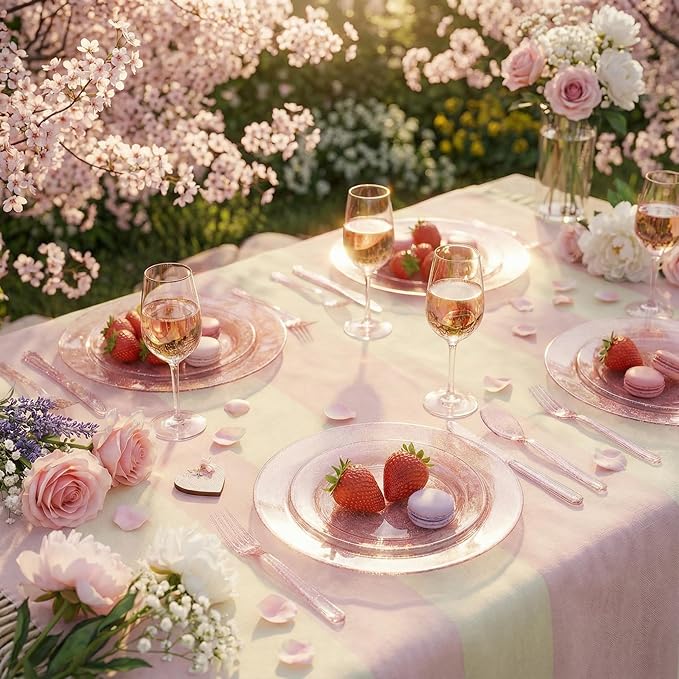 WDF 200PCS Pink Plastic Plates - Rose Gold Glitter Plastic Plates - Heavy Duty Pink Glitter Disposable Plates for Wedding Baby Shower Spring Birthday Mother's Day