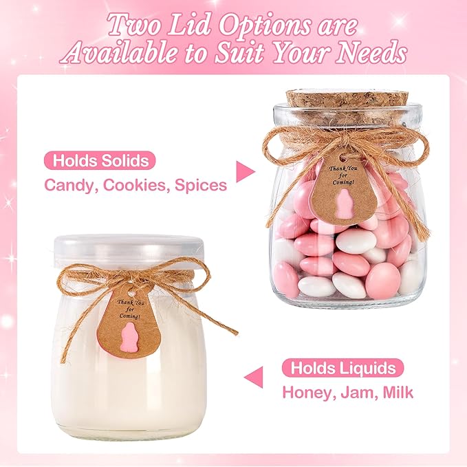 36 Pcs Baby Shower Party Favors for Guests, Baby Shower Gifts for Guest, 3.4 oz Small Glass Mason Jars with Cork Lids, Stickers, Label Tags, Twine, Organza Bags, Mini Candy Jar Favors for Girls