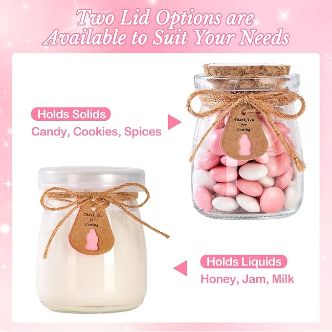 24 Pcs Baby Shower Party Favors for Guests, Baby Shower Gifts for Guest, 3.4 oz Small Glass Mason Jars with Cork Lids, Stickers, Label Tags, Twine, Organza Bags, Mini Candy Jar Favors for Girls