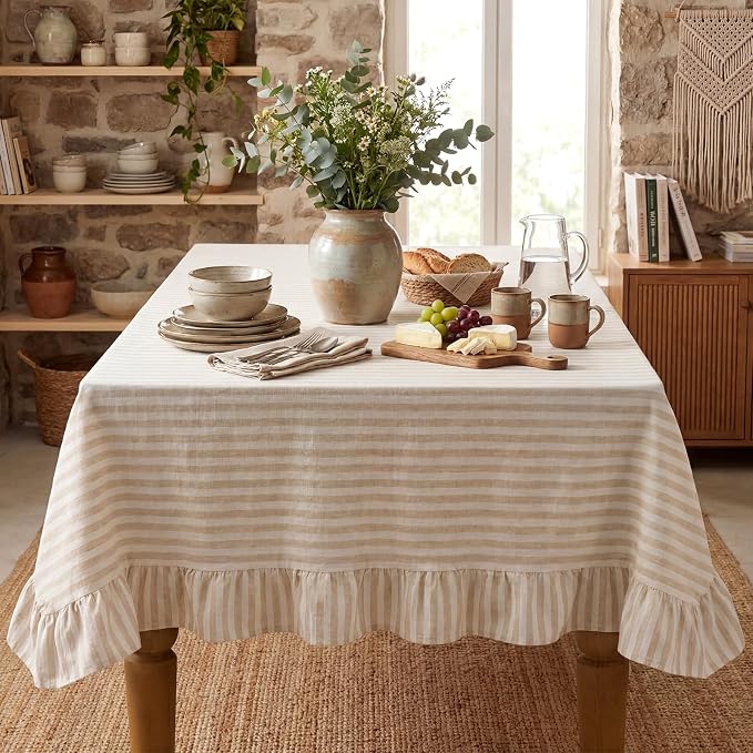 Boao Cotton 52 x 70 Inch Farmhouse Ruffle Tablecloth Beige White Striped Flounces Trim Table Cover for Rectangle Table Kitchen Party Wedding Decor