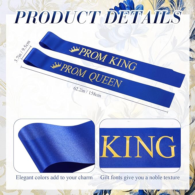 Ferreve 4 Pcs Prom King and Queen Crowns and Sashes Set Graduation Prom King and Queen Tiara Sash for 80's Prom Party Favors(Blue)