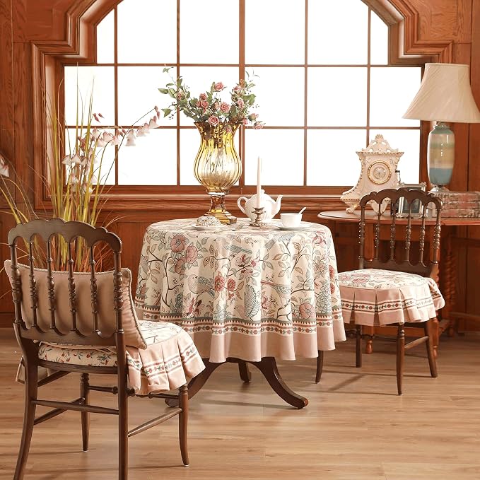 patdrea Vintage French Linen Tablecloth,Round,Diameter 67"-Kulom A | Elegant Table Cloth for Round Table,Leaves and Bird Patterned,Dining Room Tea Party Thanksgiving Decor,Pink