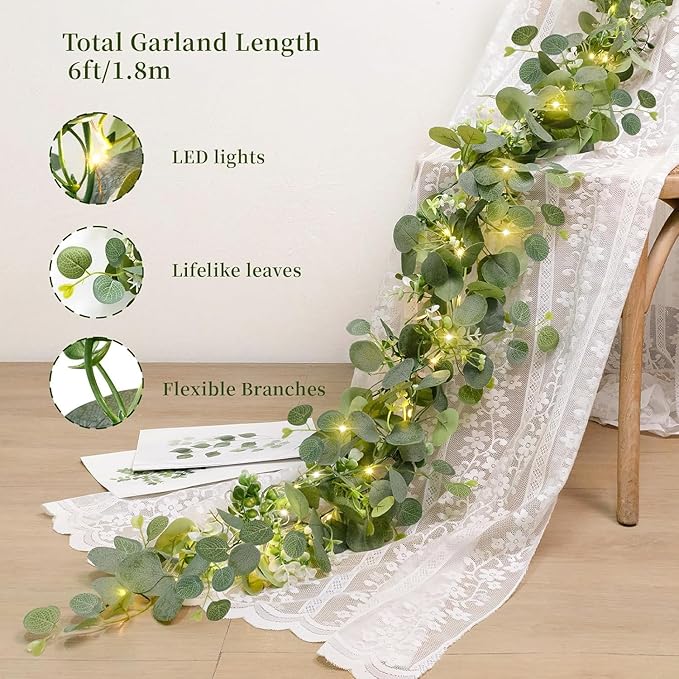 N&T NIETING 6 Pack Artificial Eucalyptus Garland with Lights, 6FT Artificial Greenery Garlands, Battery Operated Twig Vine for Room Stairs Mantle Wedding Holiday Mothers Day Decoration Indoor Outdoor
