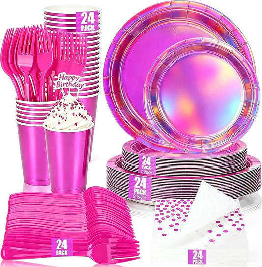 Hot Pink Iridescent Plates and Napkins Party Supplies Set for 24 Guests, Disposable 9’’ and 7'' Holographic Paper Plates, Cups, Forks, Napkins Tableware for Mermaid, Birthday Party Decorations