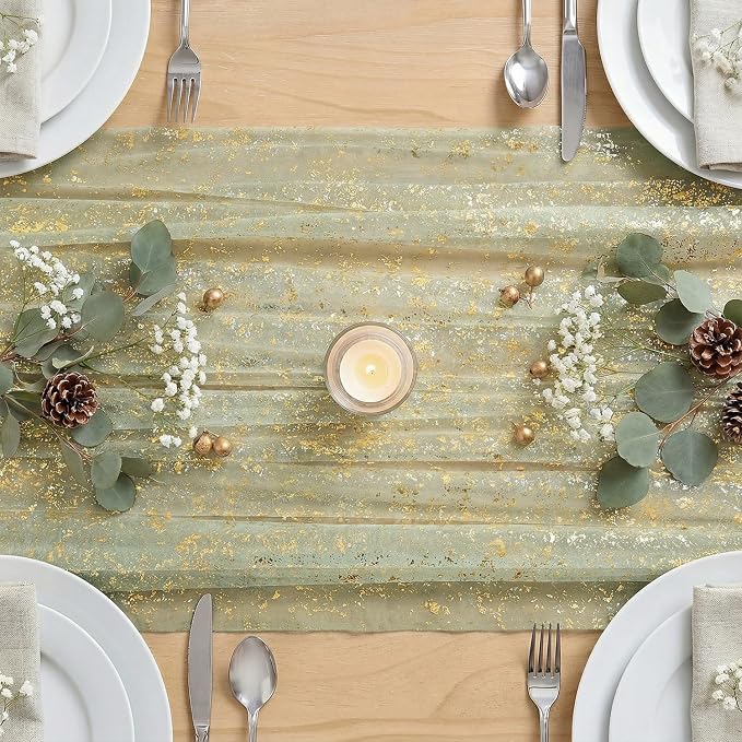 Artoid Mode Sage Green Gold Gauze Table Runner 59x120 Inch 10FT, Glitter Metallic Foil Sheer Dining Wedding Anniversary Holiday Birthday Table Decor for Home Party