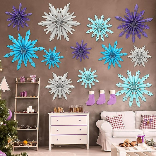 Fuyoooo 12 Pcs Snowflakes Hanging Decorations Blue Purple White Paper Fans Hollow Snowflakes Ceiling Hangings Decor Ice Birthday Fans Decor for Wedding Birthday Holiday Party Decoration(Purple)