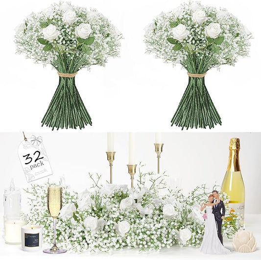 Fanfantoey 20Pcs Babys Breath Artificial Flowers Bulk, 12Pcs Fake White Roses Fake Flowers, DIY Wedding Flowers Bouquet, Realistic Faux Silk Flowers for Home Table Decor