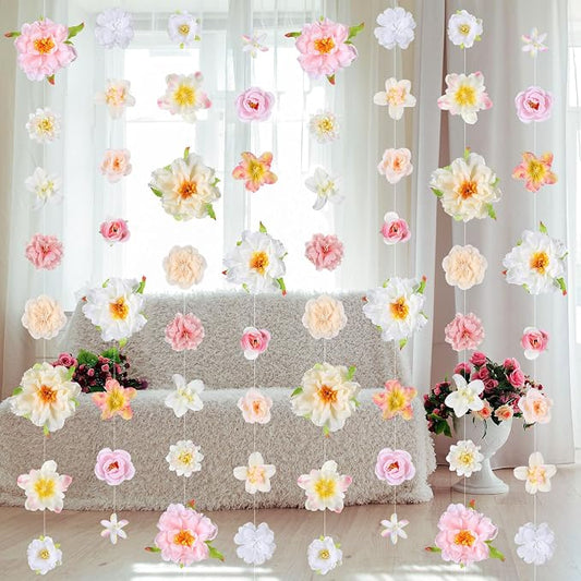 12 Pcs 79.2 ft Artificial Flower Garland Hanging Decorations Fake Floating Floral Garlands Dangling Flower Decorations for Party Background with Hooks for Birthday Home Garden(Cute Style)