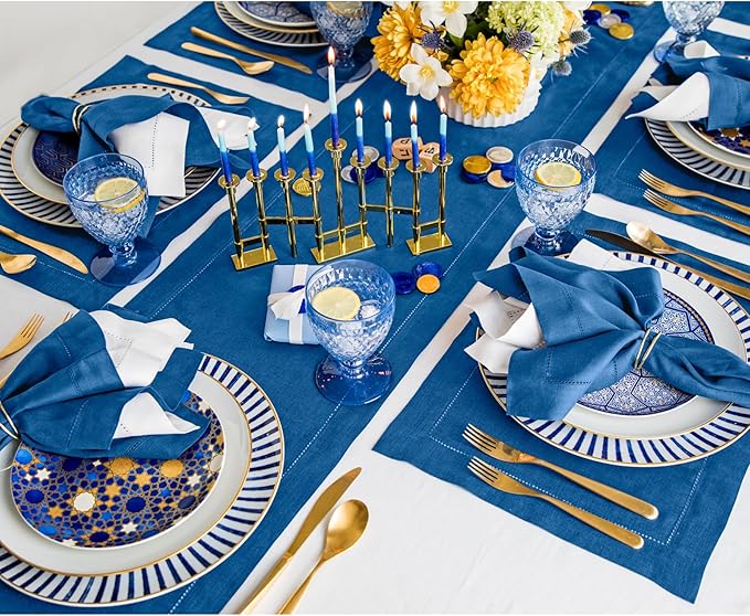 Solino Home Linen Indigo Blue Table Runner 144 Inches Long - 100% Pure Linen Extra Long Table Runner 14 x 144 Inch for Spring, Summer, Mothers Day - Classic Hemstitch