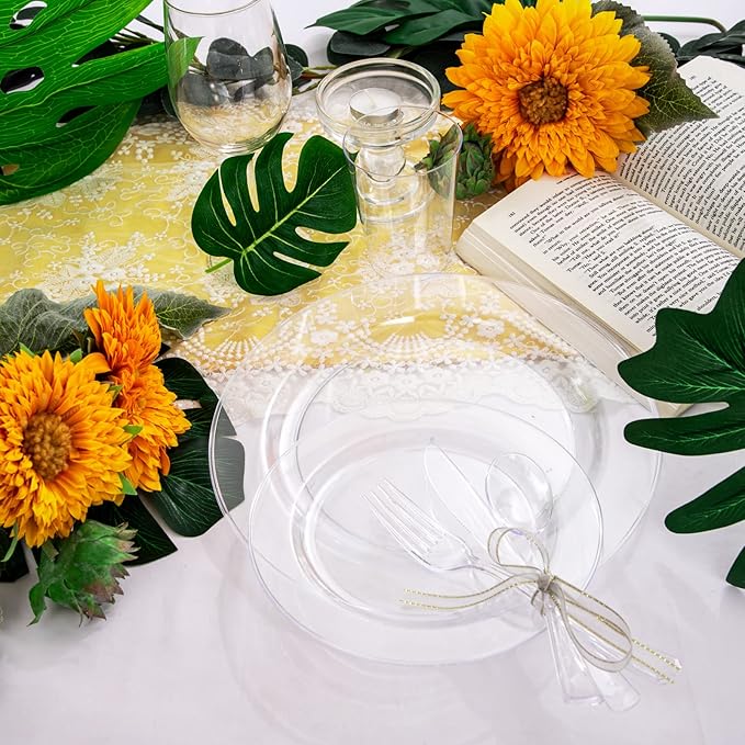 WDF 25 Guest Clear Plastic Plates with Clear Plastic Silverware - Clear Plates and Cups for Party include 25 Dinner Clear Plates, 25Salad Plates, 25Forks, 25Knives, 25 Spoons, 25Cups