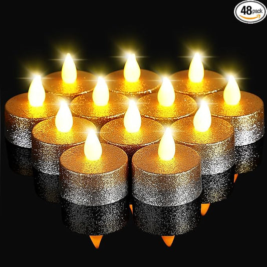 Retisee 48Pcs Flameless LED Tea Lights Glitter Electric Fake Candles for Centerpieces Battery Operated Anniversary Romantic Winter Decor for Wedding Christmas Birthday (Gold,Silver,1.65 Inch)