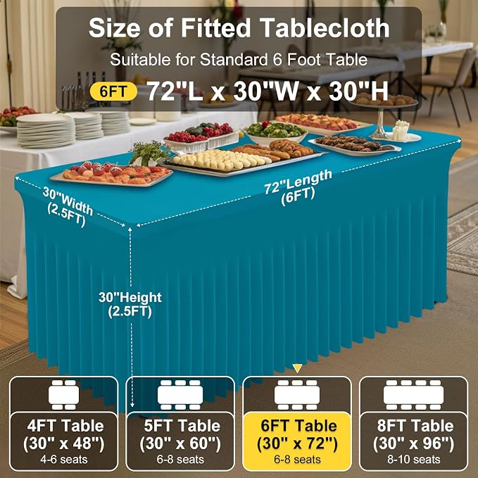 Smiry Spandex Tablecloth, Elastic Fitted Stretch Tablecloth for 6FT Rectangle Tables, Waterproof Washable Table Cover Skirt for Outdoor, Wedding, Banquet & Parties (Turquoise, 72Lx30Wx30H Inch)
