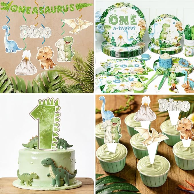 Hombae One a Saurus Birthday Decorations, Dinosaur 1st Birthday Party Supplies with One-A-Saurus Tableware, Plates, Napkins, Hanging Swirls for Boys First Dino Theme Party, Serves 24